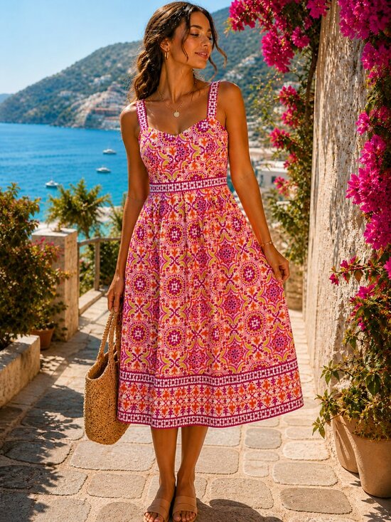 Maison Tara Dresses & Skirts - Colorful Boho Sundress Women’s Pink Orange Floral Fit & Flare Summer Mini Vacati